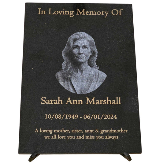 Granite Memorial Etched Portrait Plaque, Add a Portrait, Personalised Text and Stand Included