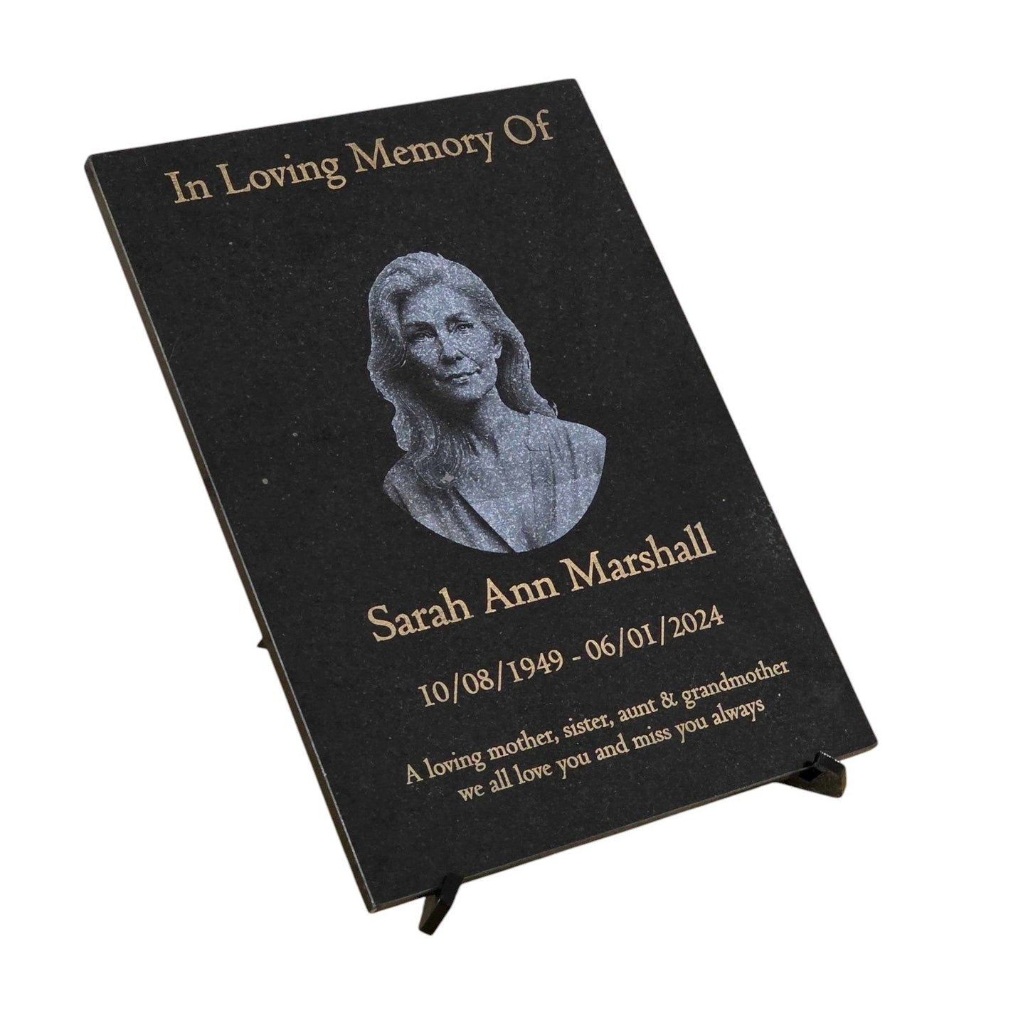 Granite Memorial Etched Portrait Plaque, Add a Portrait, Personalised Text and Stand Included