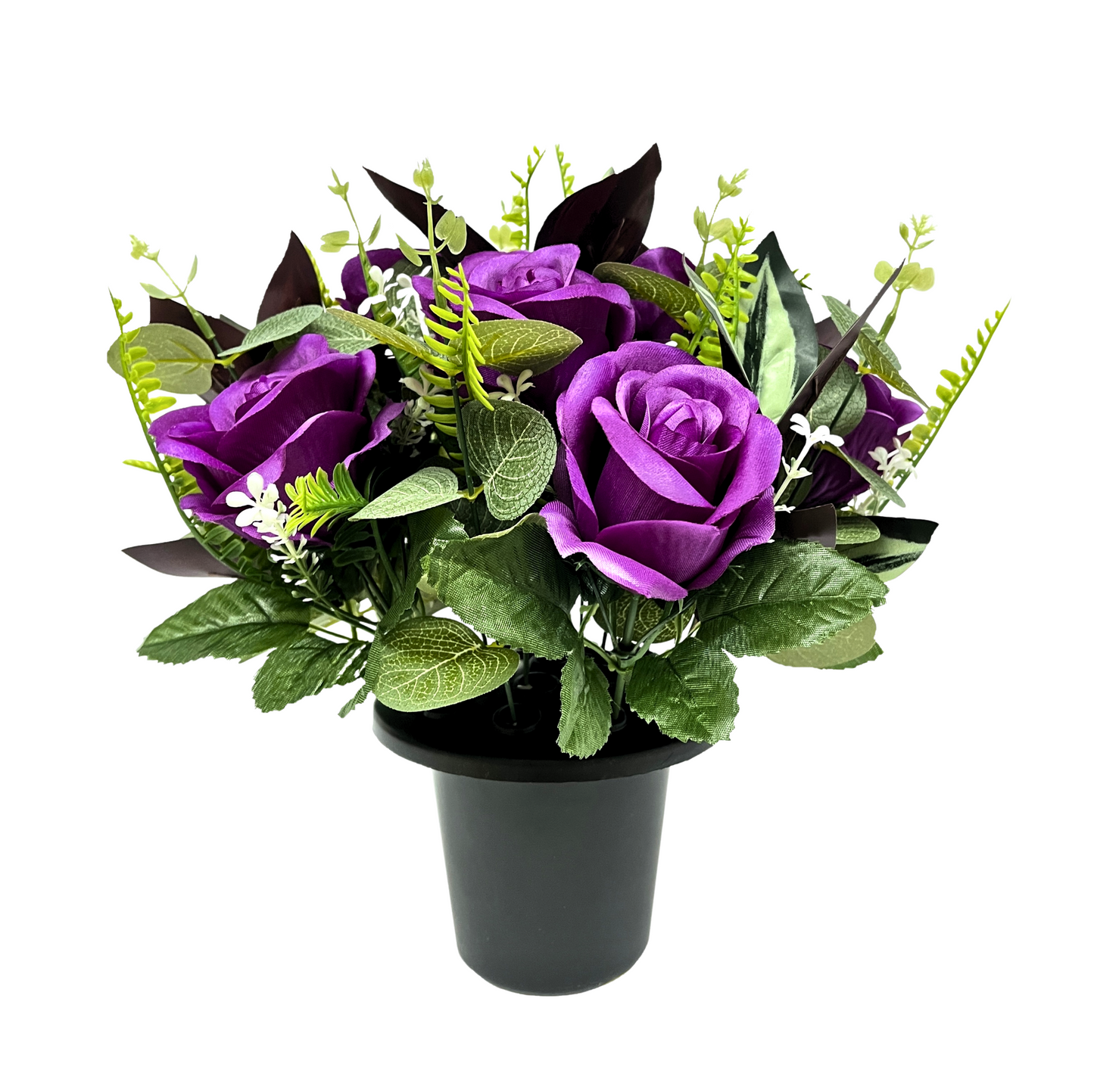 Premium Artificial Grave Flowers – Purple Open Roses with Eucalyptus (25cm) | Memorial Vase Pot