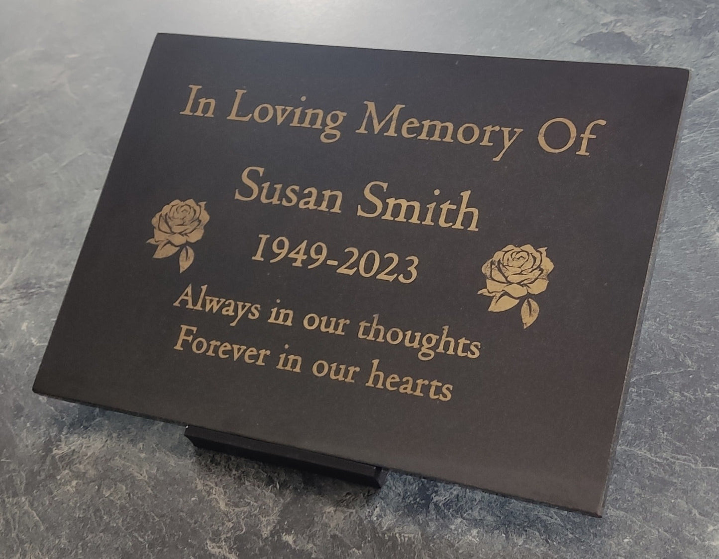 Granite Memorial Plaque, Roses, Personalised, Stand Included