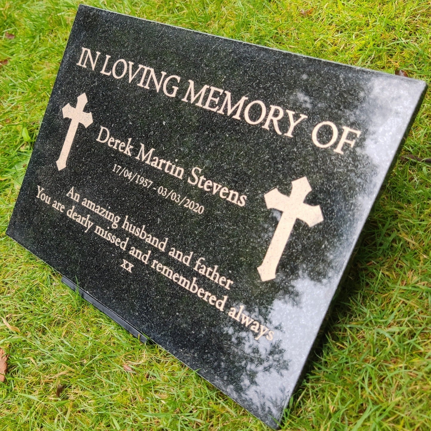 Granite Memorial Plaque, Cross, Personalised, Stand Included