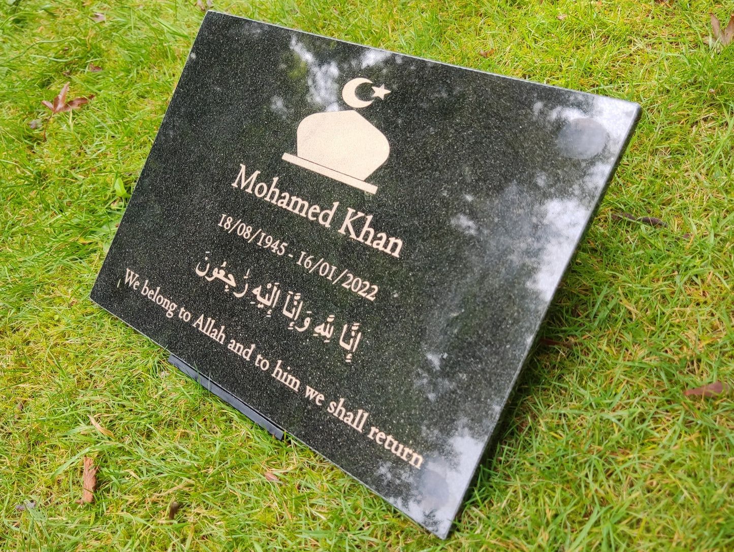 Granite Memorial Plaque, Islam, Personalised, Stand Included