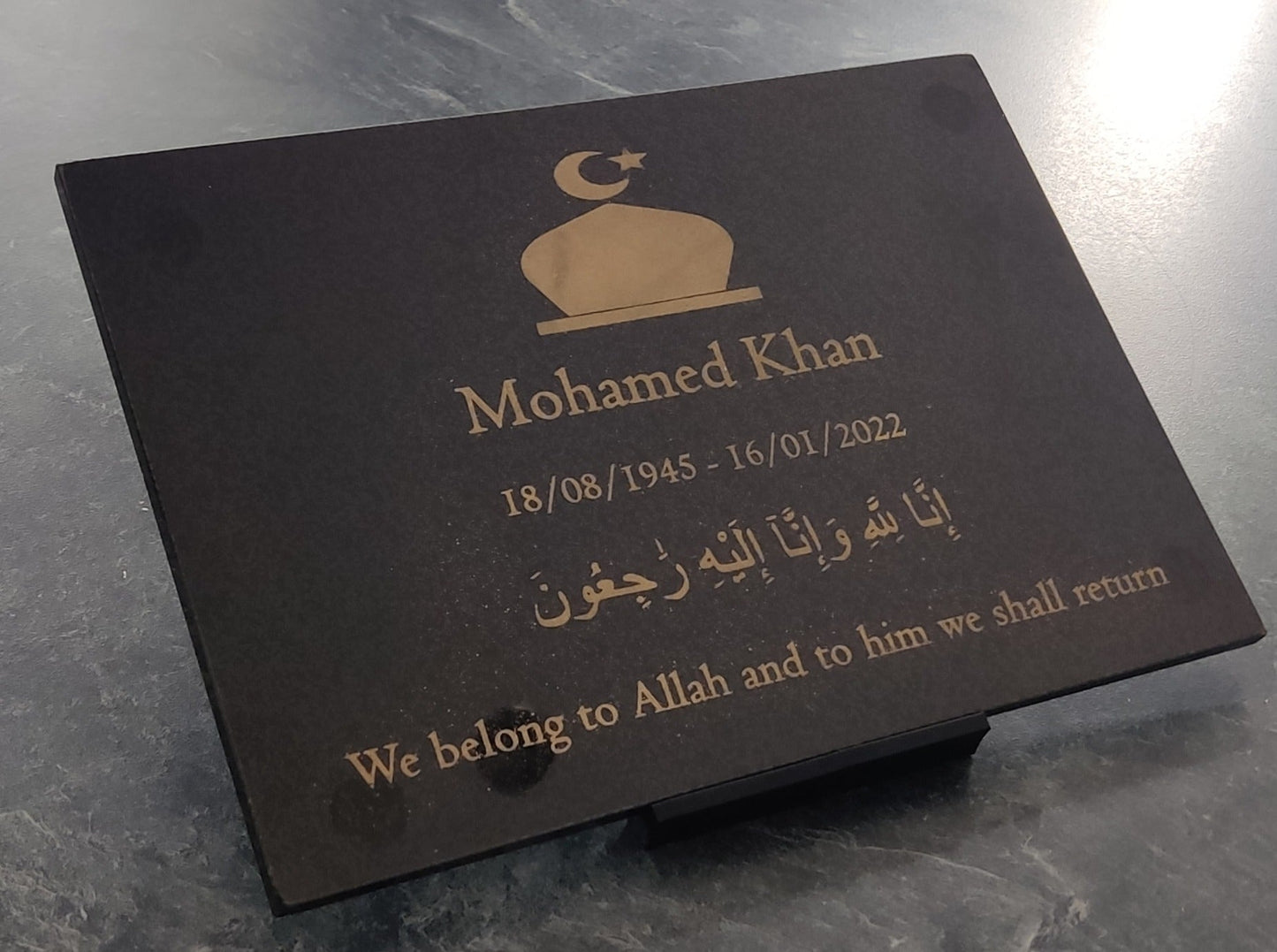 Granite Memorial Plaque, Islam, Personalised, Stand Included