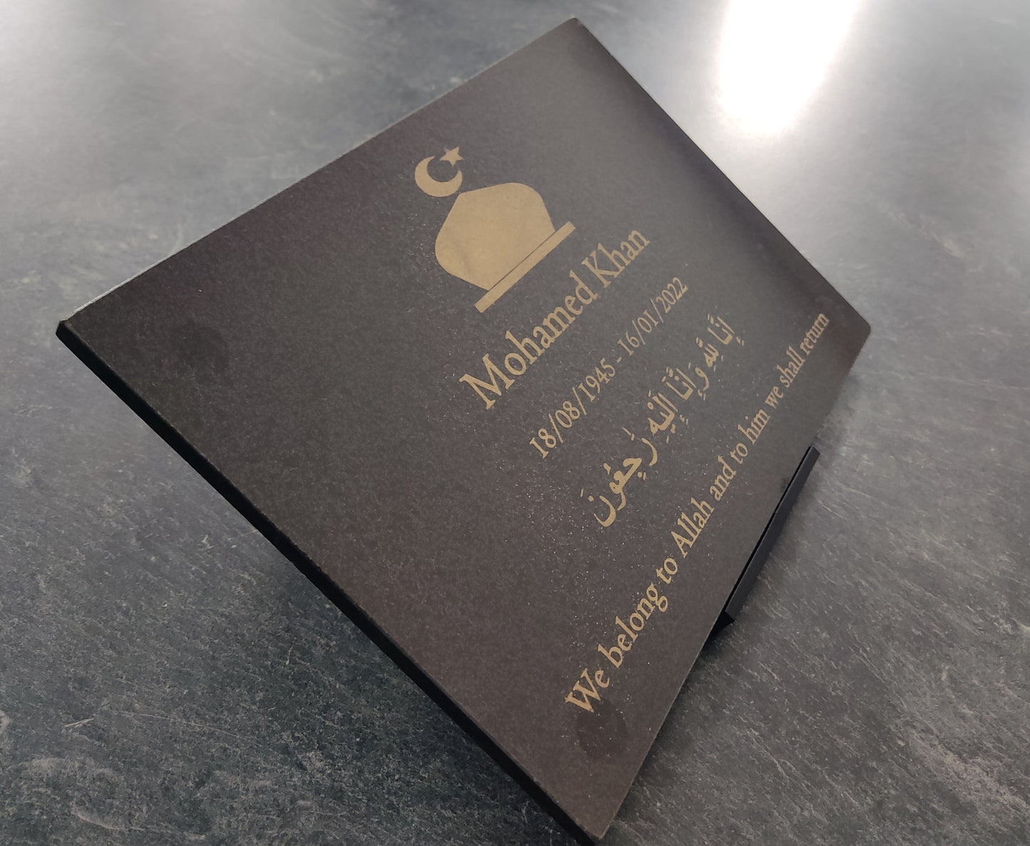 Granite Memorial Plaque, Islam, Personalised, Stand Included