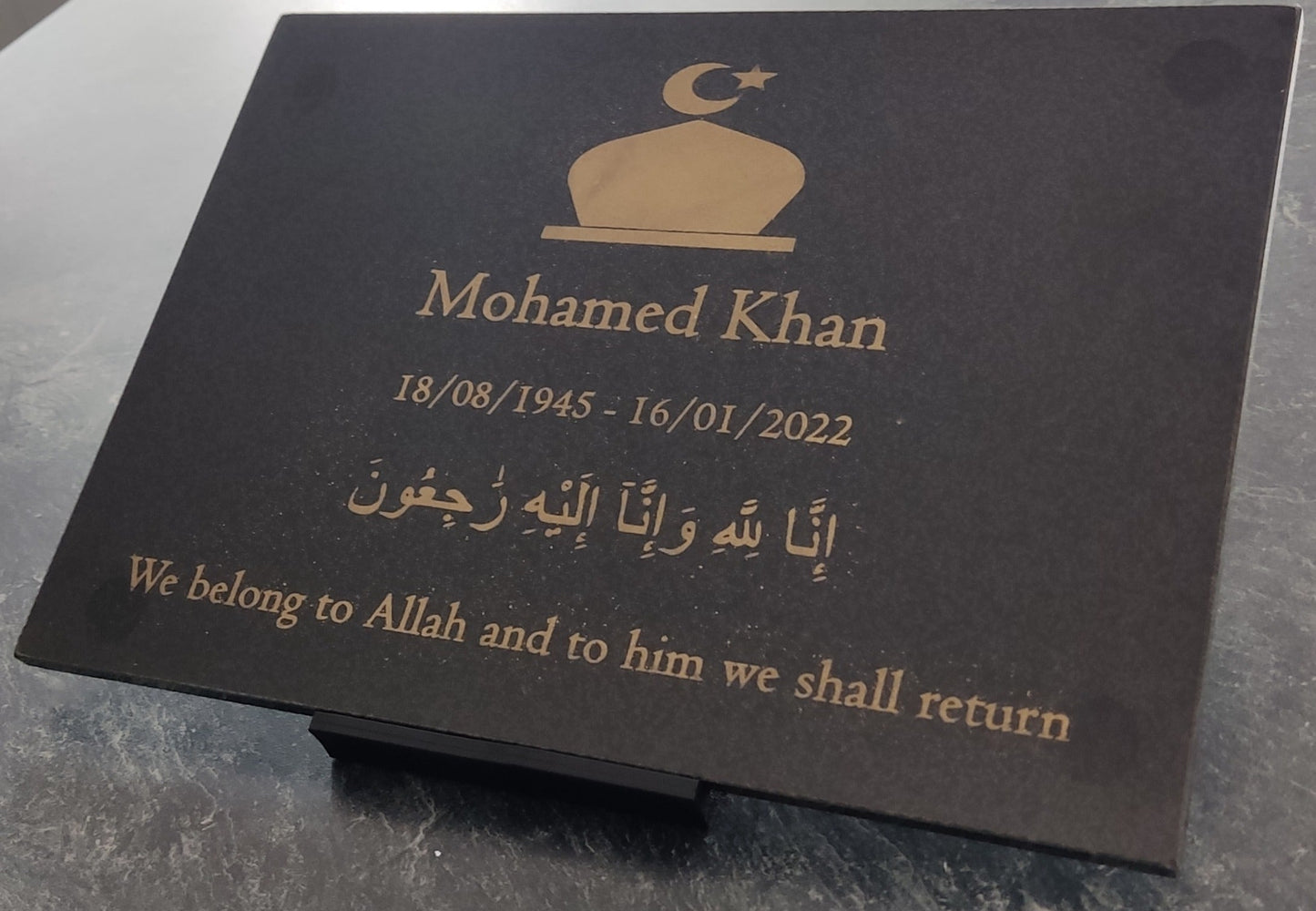 Granite Memorial Plaque, Islam, Personalised, Stand Included