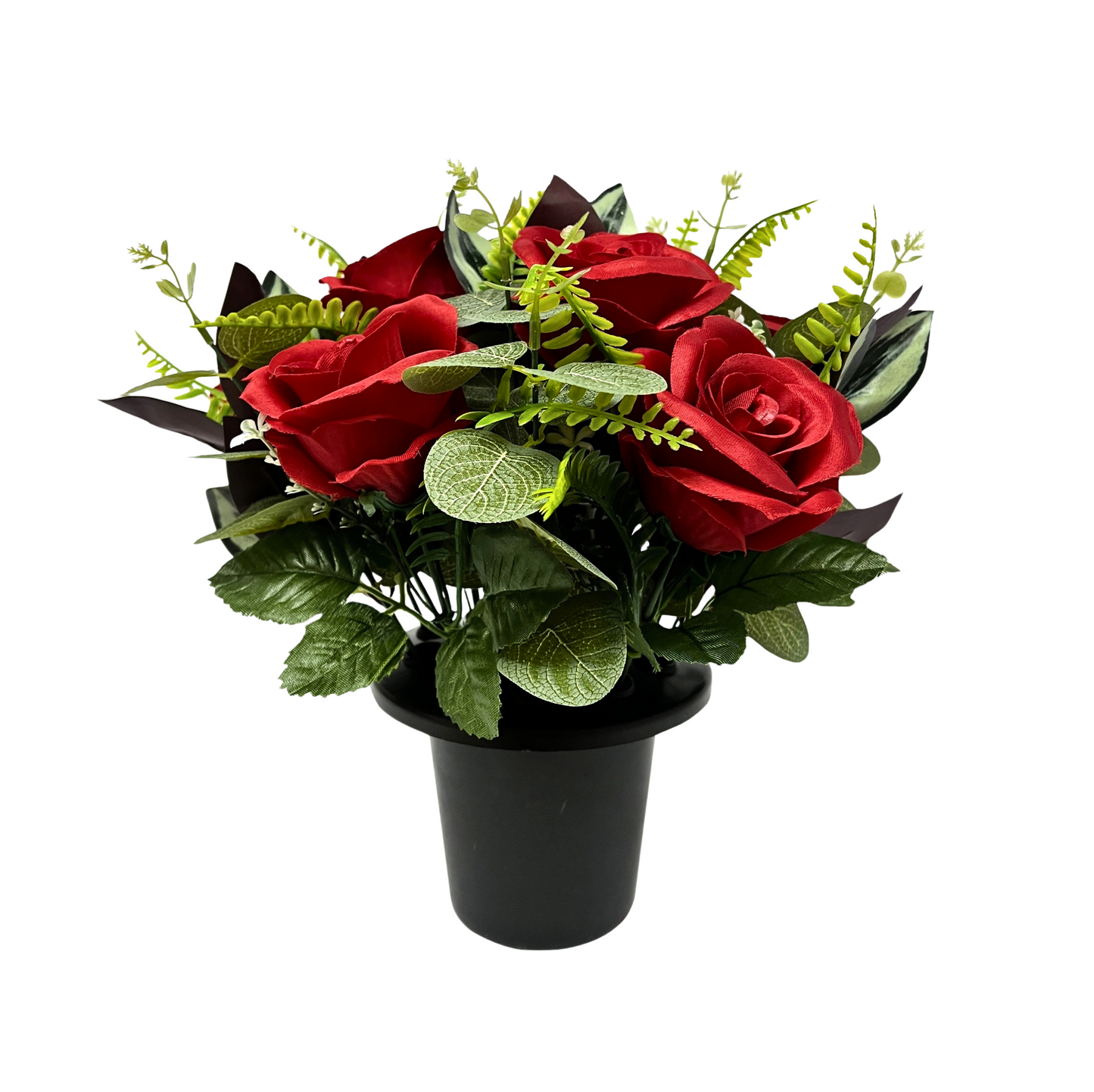 Premium Artificial Grave Flowers – Red Open Roses with Eucalyptus (25cm) | Memorial Vase Pot