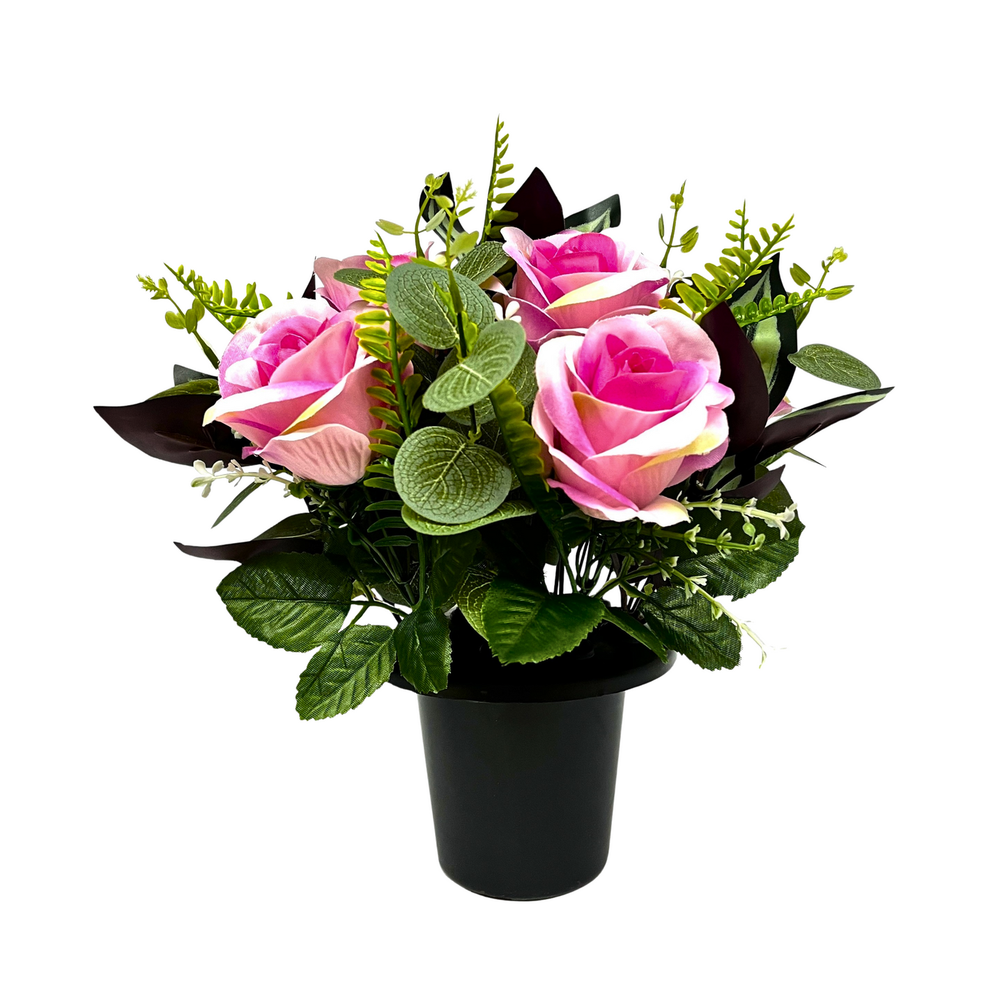 Premium Artificial Grave Flowers – Pink Open Roses with Eucalyptus (25cm) | Memorial Vase Pot