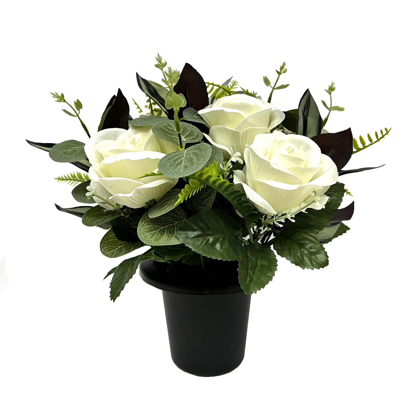 Premium Artificial Grave Flowers – Cream Open Roses with Eucalyptus (25cm) | Memorial Vase Pot