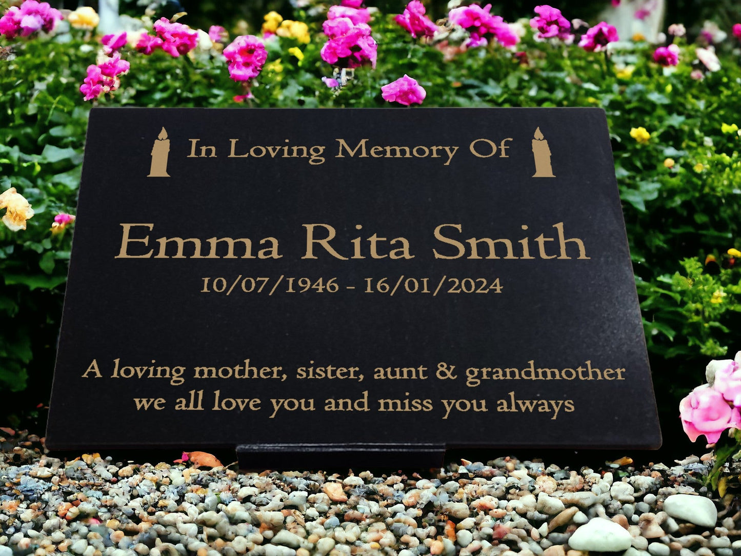 Granite Memorial Plaque, Candle, Stand Included