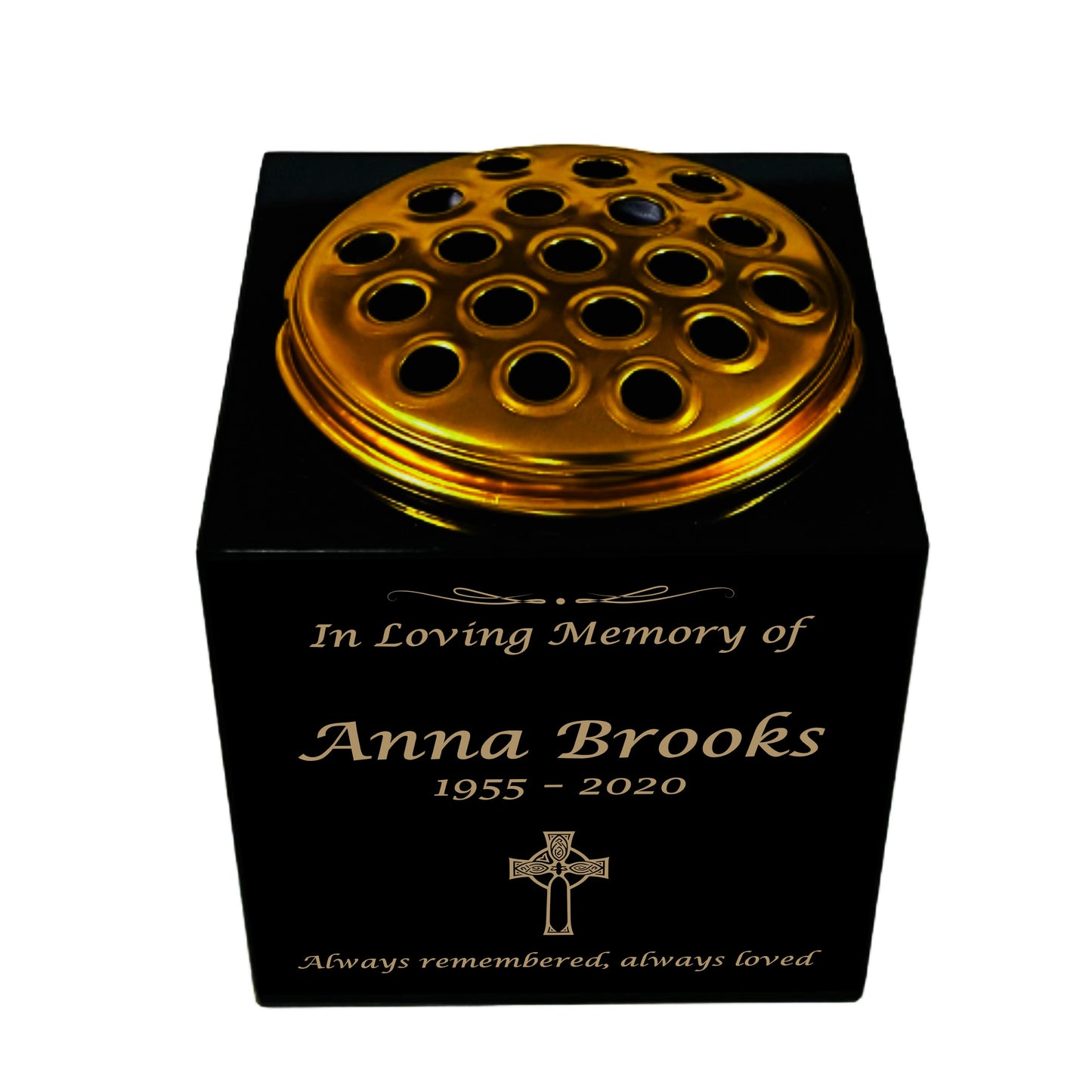 Granite Memorial Vase- Solid Granite – Free Personalised Gold Engraving, Celtic Cross – Includes Metal Flower Pot Insert