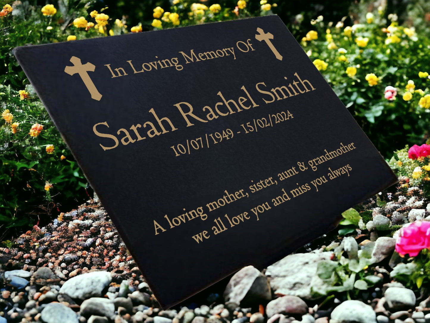 Granite Memorial Plaque, Crosses, Personalised, Stand Included