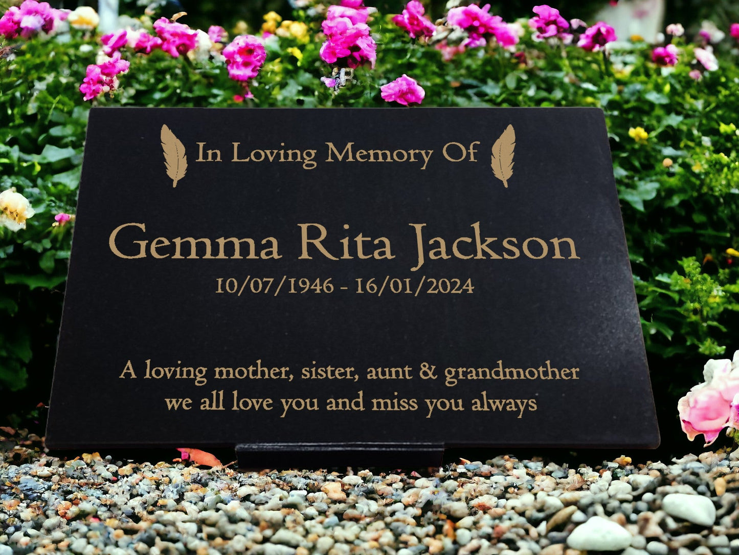 Granite Memorial Plaque, Feather, Personalised, Stand Included