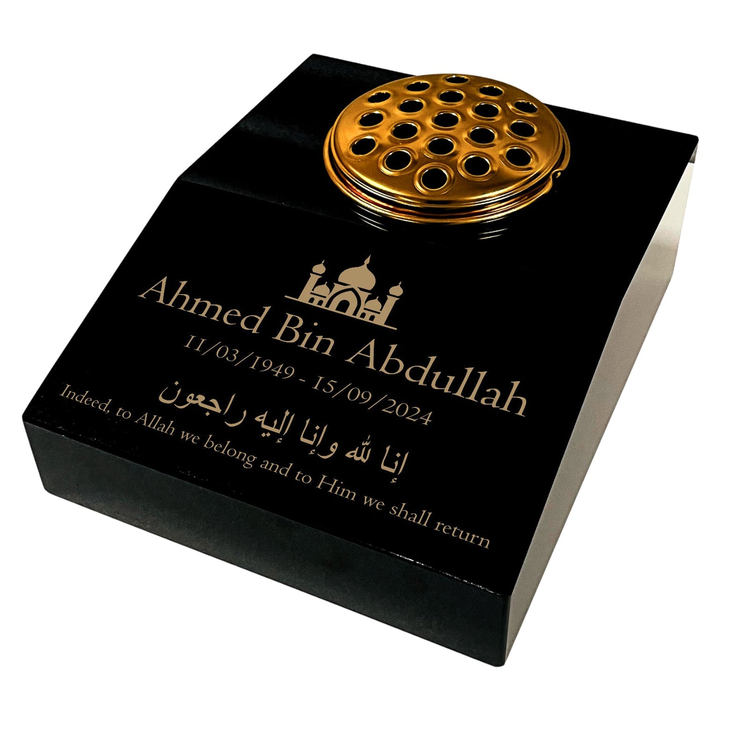 Black Granite Sloping Memorial Desk with Vase – Islamic Design 2, Free Gold Engraving, 12x10x4"