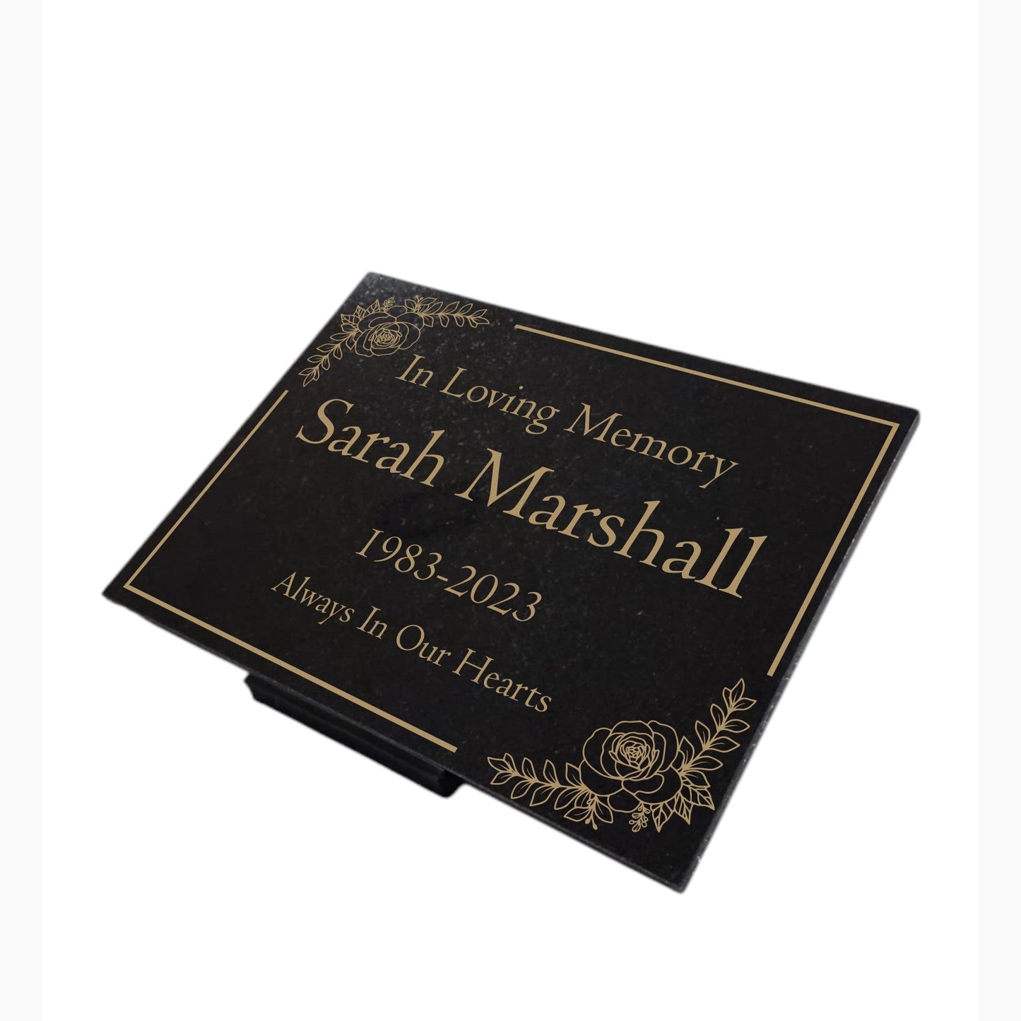 Granite Memorial Plaque, Floral Border, Stand Included