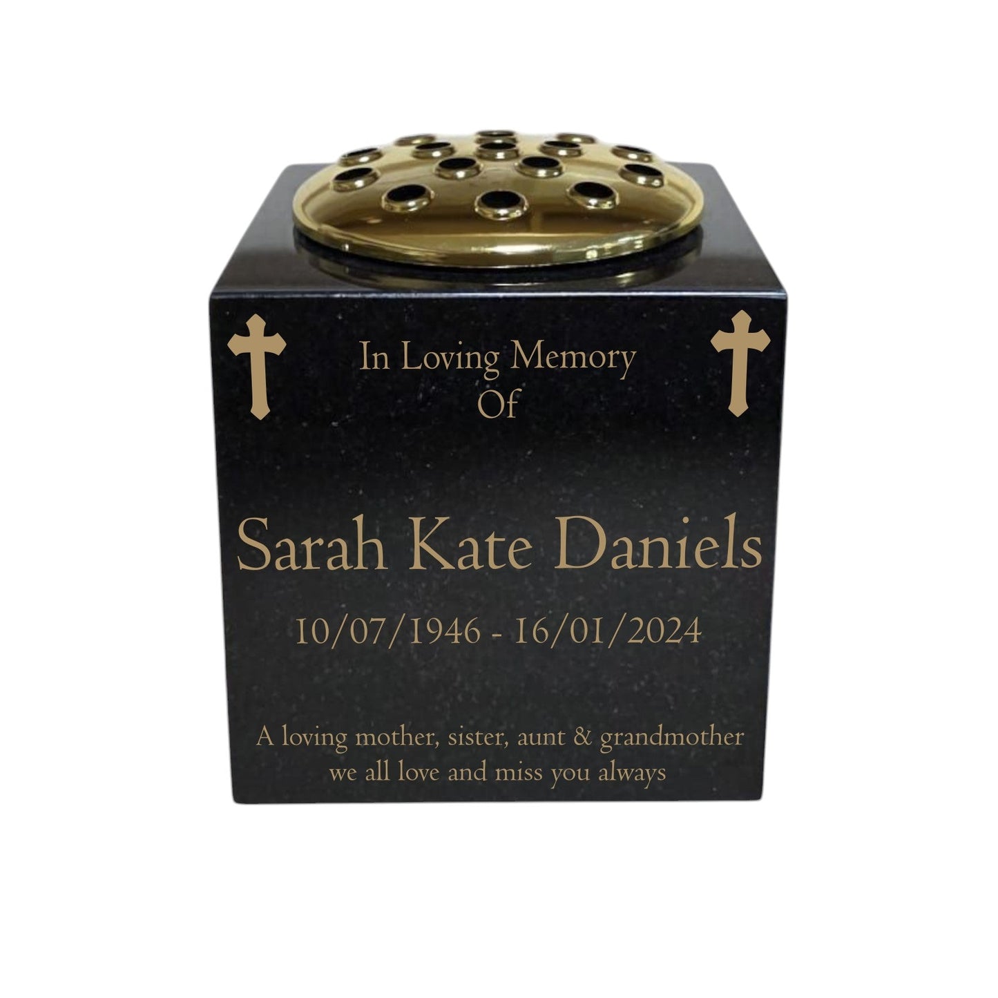 Granite Memorial Vase, Solid Granite, Cross, 6x6x6 Inches, 8KG, Includes Flower Pot Insert