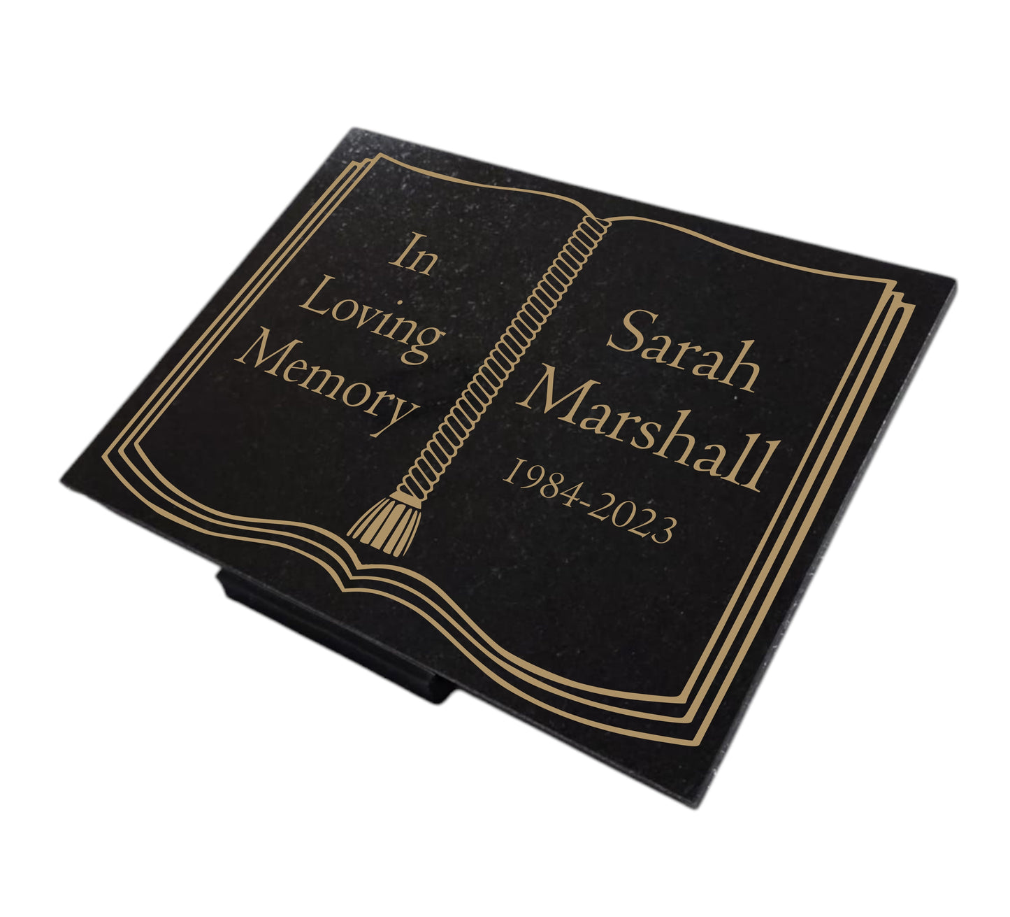 Granite Memorial Plaque, Book, Bible, Stand Included