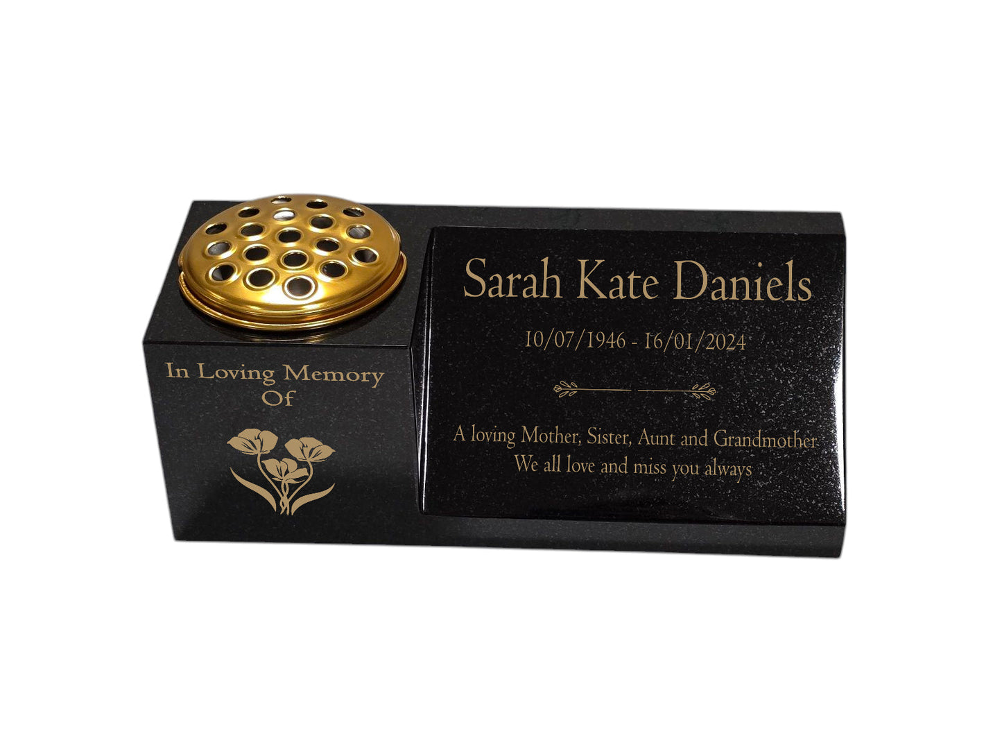 Granite Memorial Vase and Plaque Combination – Lily Design, Solid Granite (16x6x6”) with Flower Pot Insert