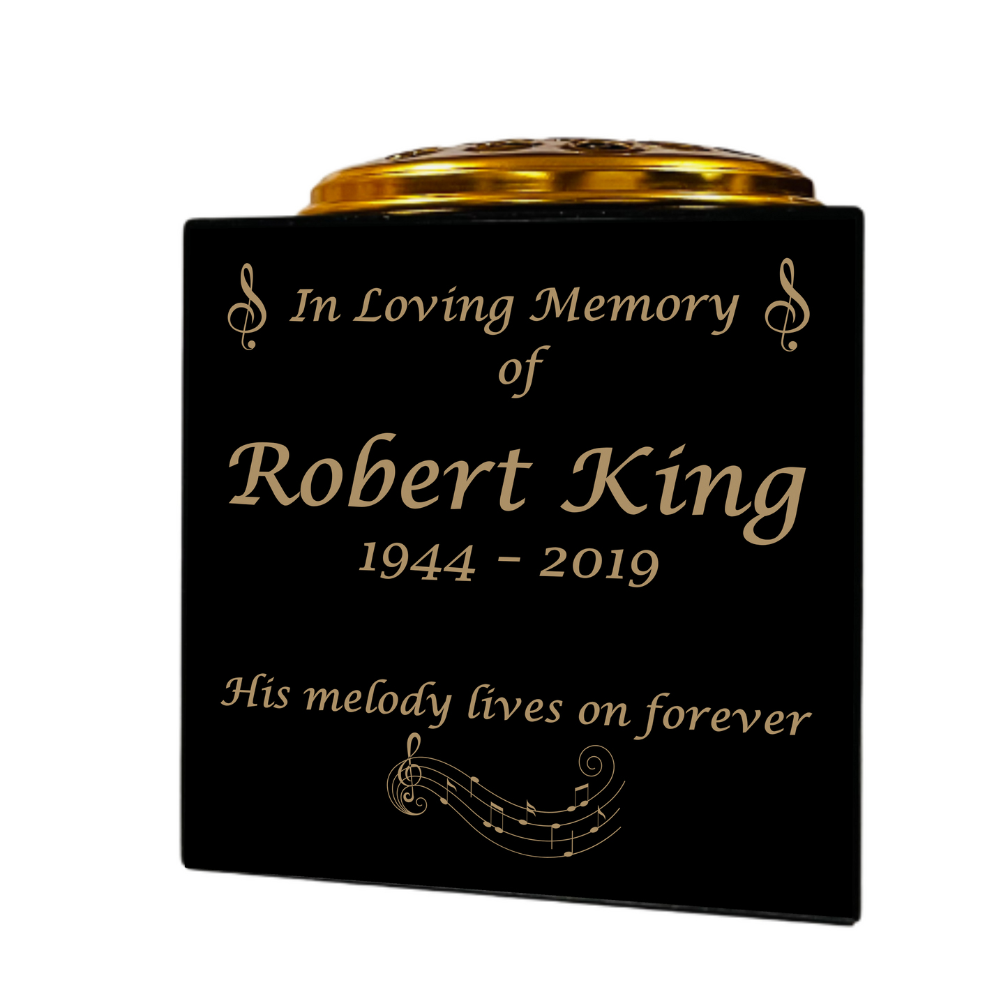 Granite Memorial Vase- Solid Granite – Free Personalised Gold Engraving, Musical Notes – Includes Metal Flower Pot Insert