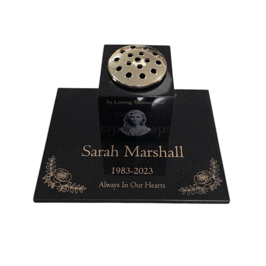 Granite Memorial Vase and Tablet, Solid Granite, Add a Portrait Image, 6x6x6 Inches, 8KG, Includes Flower Pot Insert