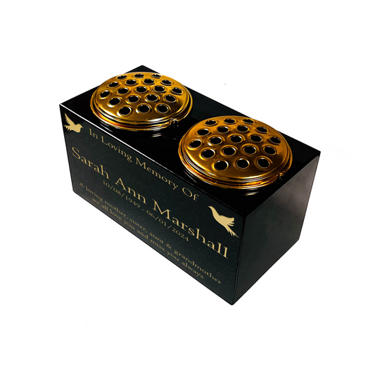 Granite Memorial Double Vase- Premium Black, Dove, 12x6x6 inches, Includes Metal Flower Pot Insert