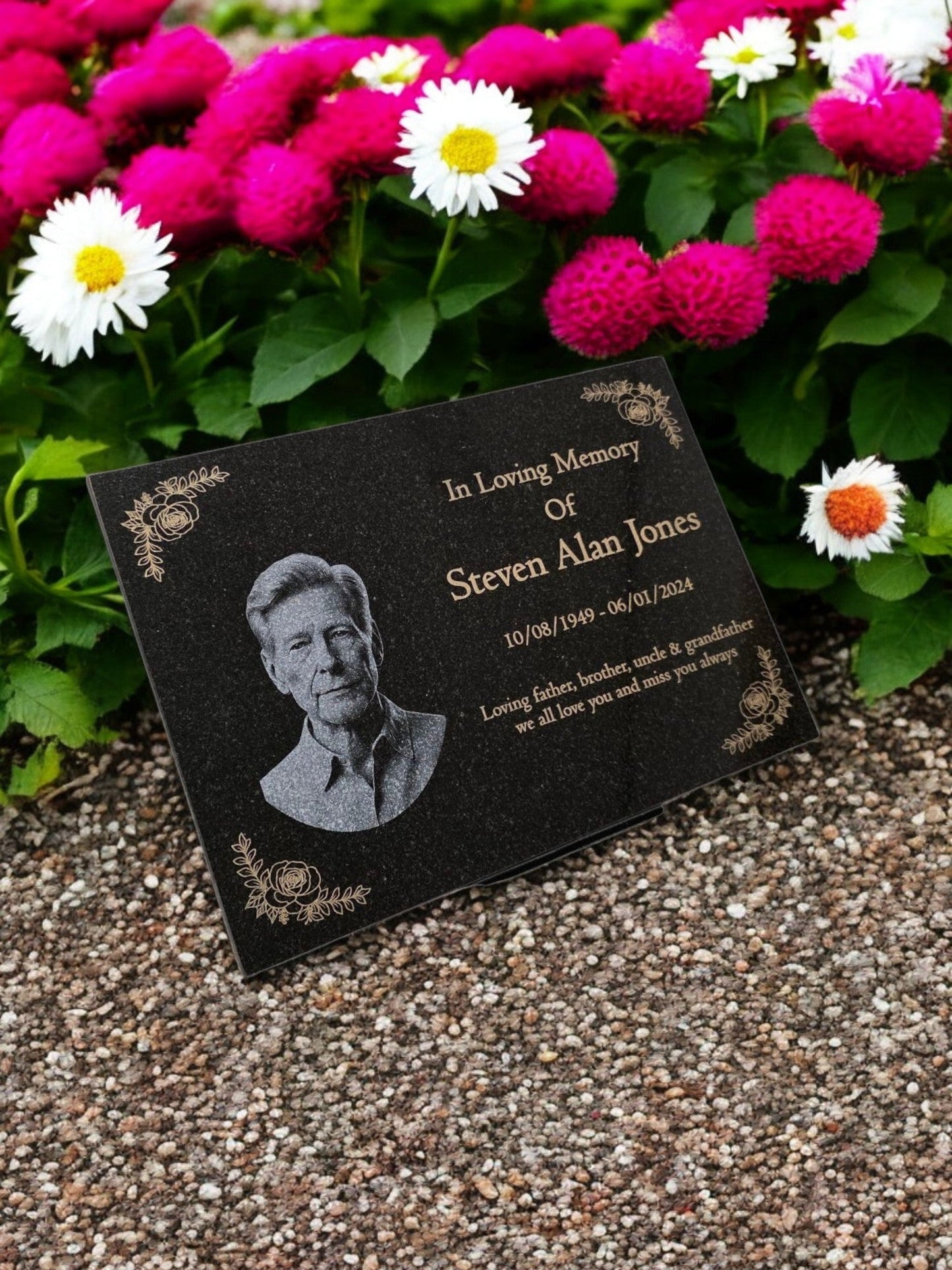 Granite Memorial Plaque, Flowers, Add a Portrait, Personalised Text and Stand Included