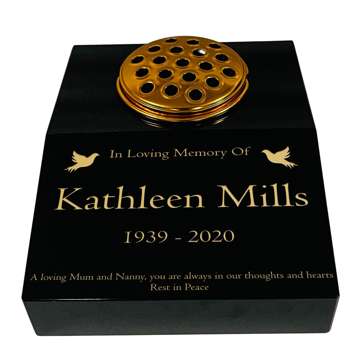 Granite Memorial Sloping Desk With Vase- Solid Premium Black Granite – Free Personalised Gold Engraving, Dove – Includes Metal Flower Pot Insert 12x10x4 inches