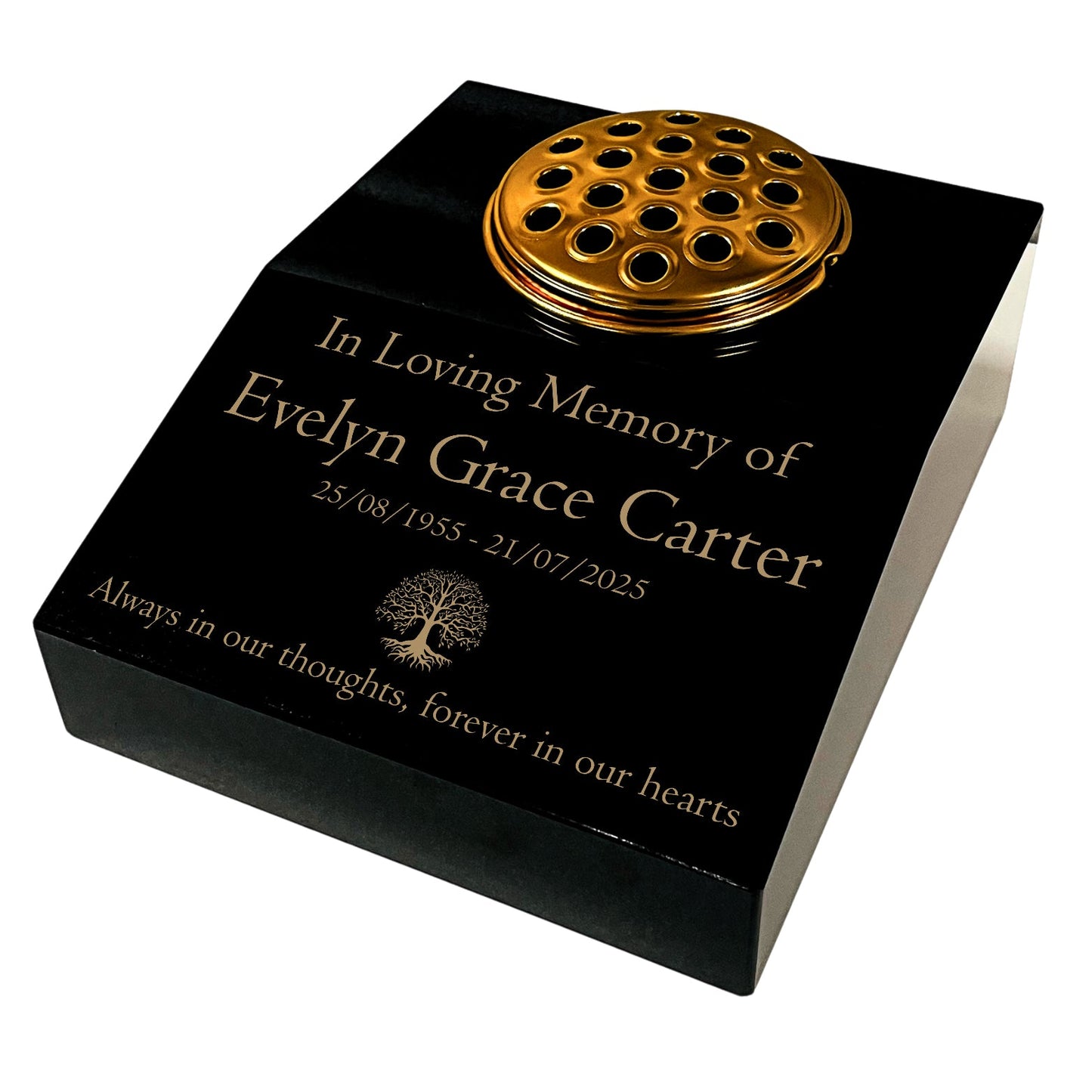 Black Granite Sloping Memorial Desk with Vase – Tree of Life, Free Gold Engraving, 12x10x4"