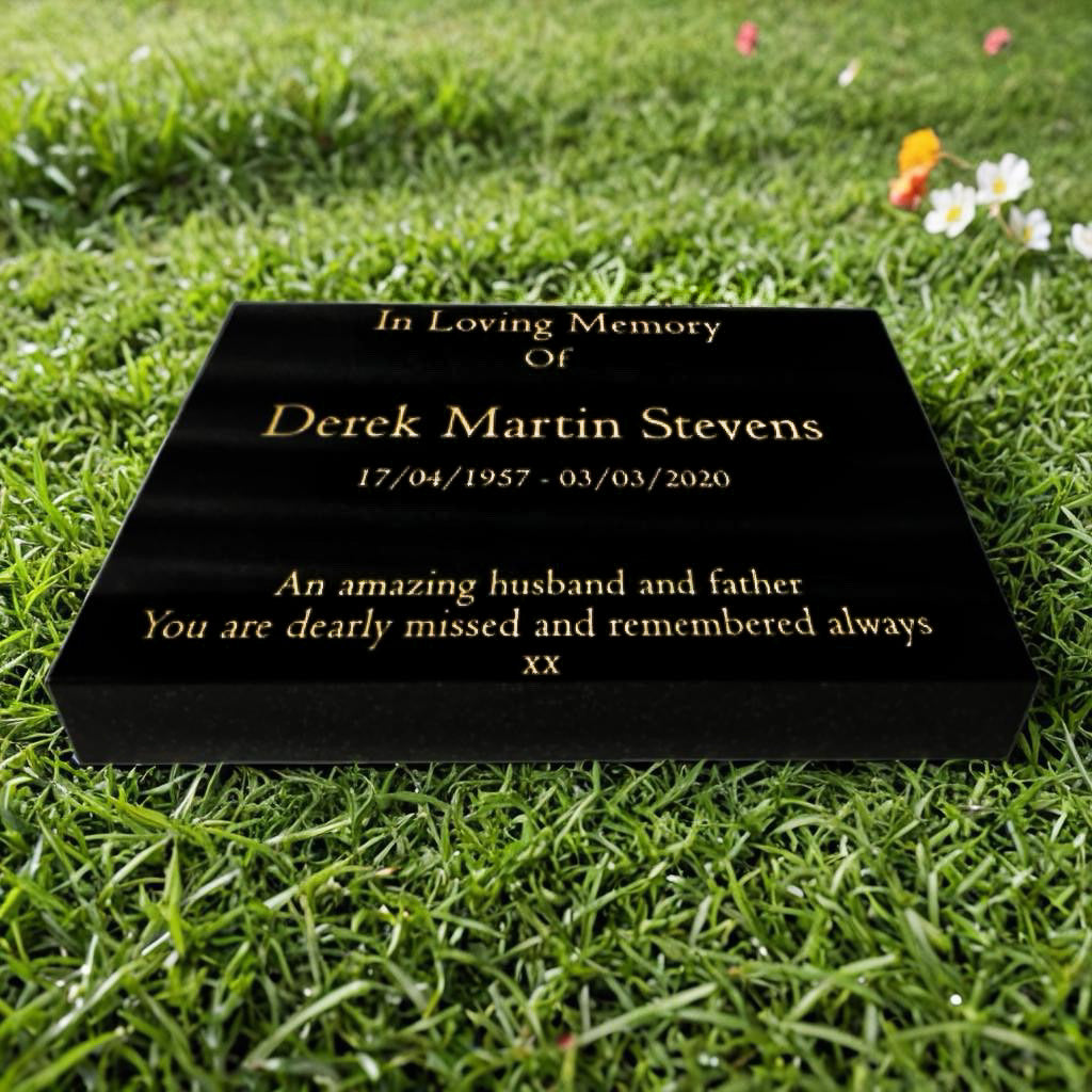 Granite Memorial Tablet – Polished Black Stone – Free Personalised Gold Engraving (15x12x2 inches, 20kg)