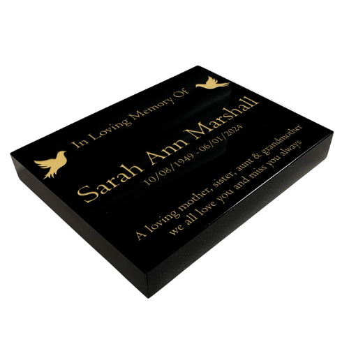 Granite Memorial Tablet, Dove – Personalised Gold Engraving on Black Granite (15x12x2 inches, 20kg)