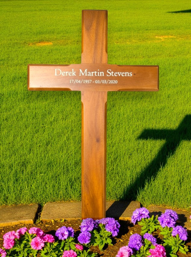 Personalised Mahogany Memorial Cross – Durable Wooden Grave Marker for Outdoor Use