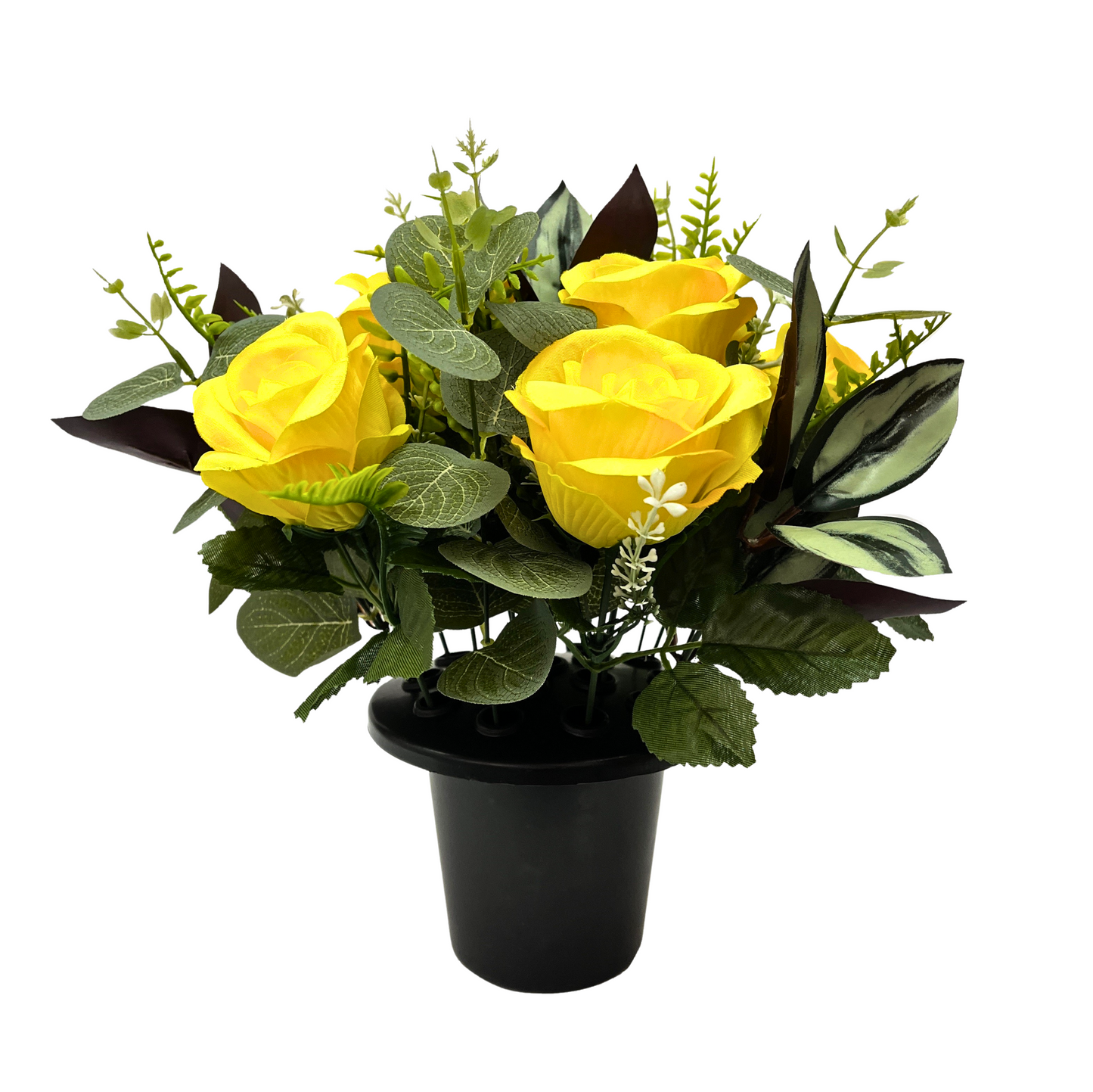 Premium Artificial Grave Flowers – Yellow Open Roses with Eucalyptus (25cm) | Memorial Vase Pot