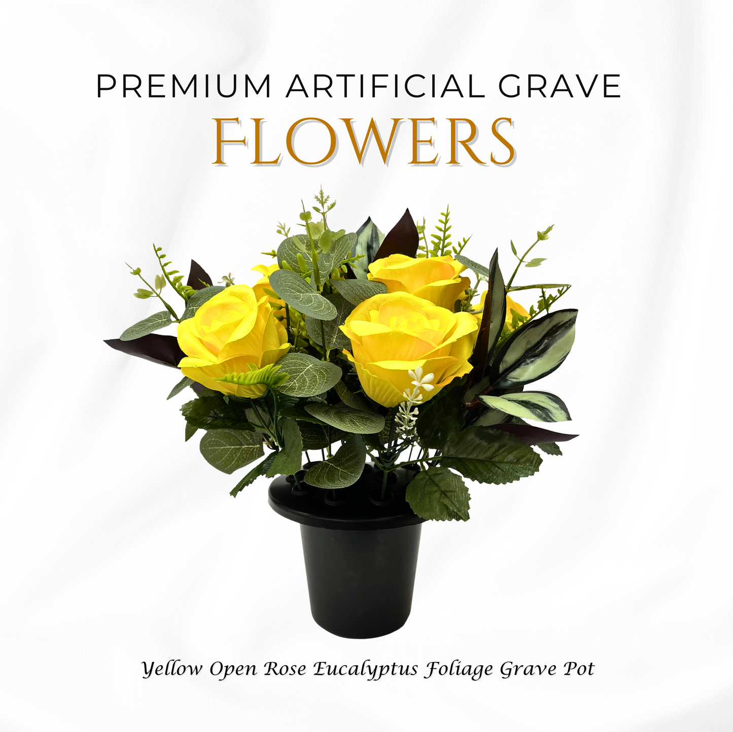 Premium Artificial Grave Flowers – Yellow Open Roses with Eucalyptus (25cm) | Memorial Vase Pot