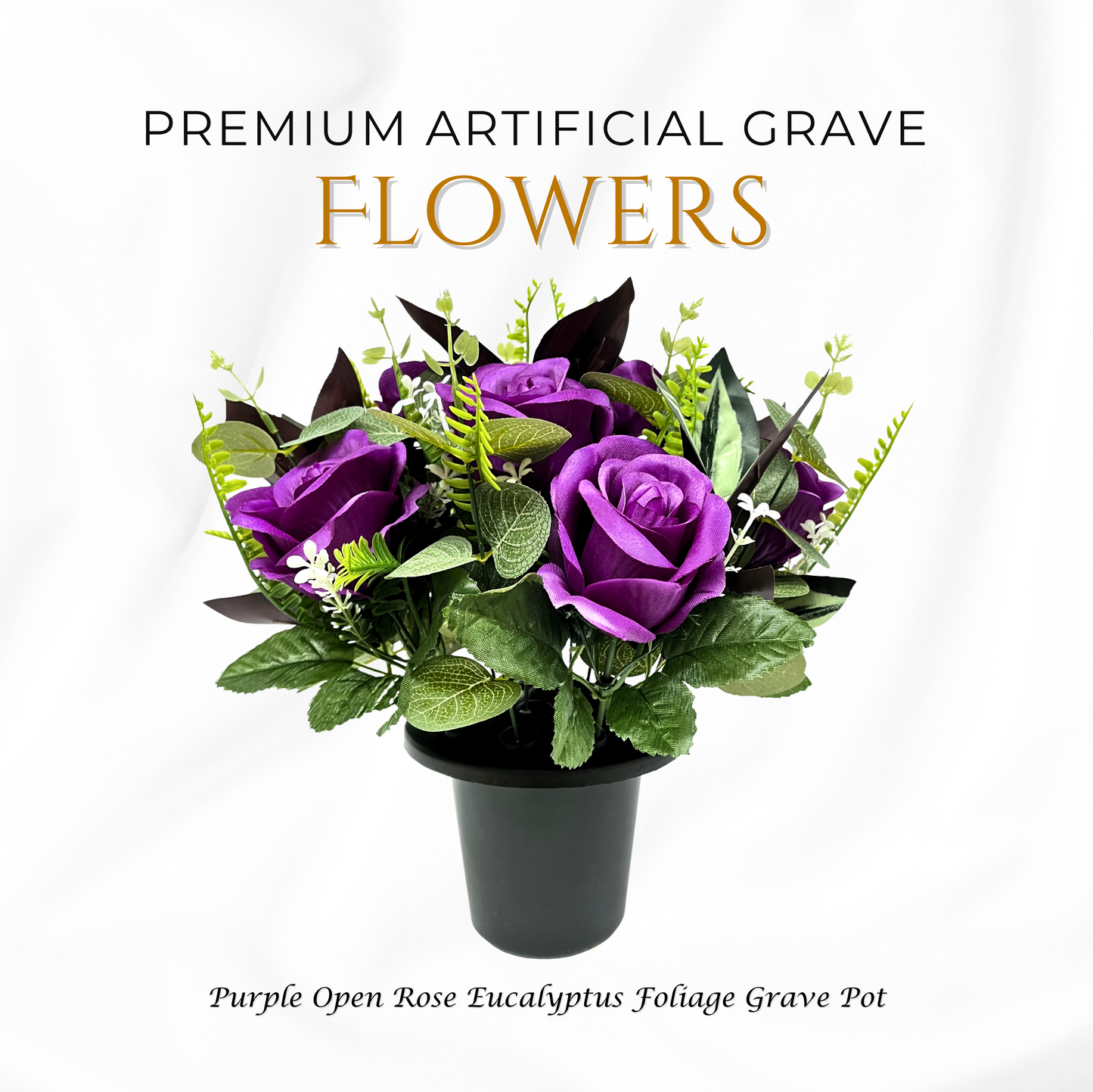Premium Artificial Grave Flowers – Purple Open Roses with Eucalyptus (25cm) | Memorial Vase Pot