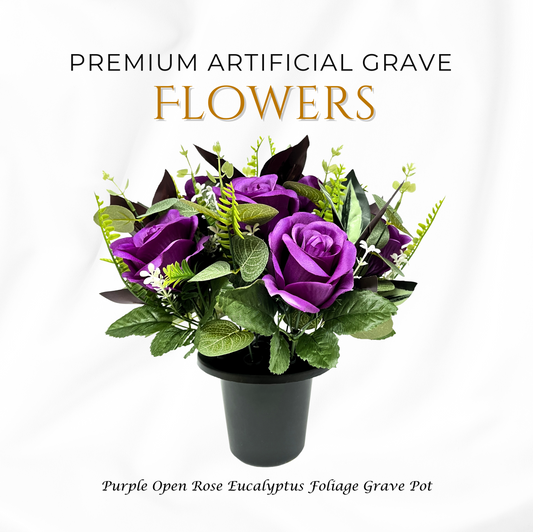 Premium Artificial Grave Flowers – Purple Open Roses with Eucalyptus (25cm) | Memorial Vase Pot