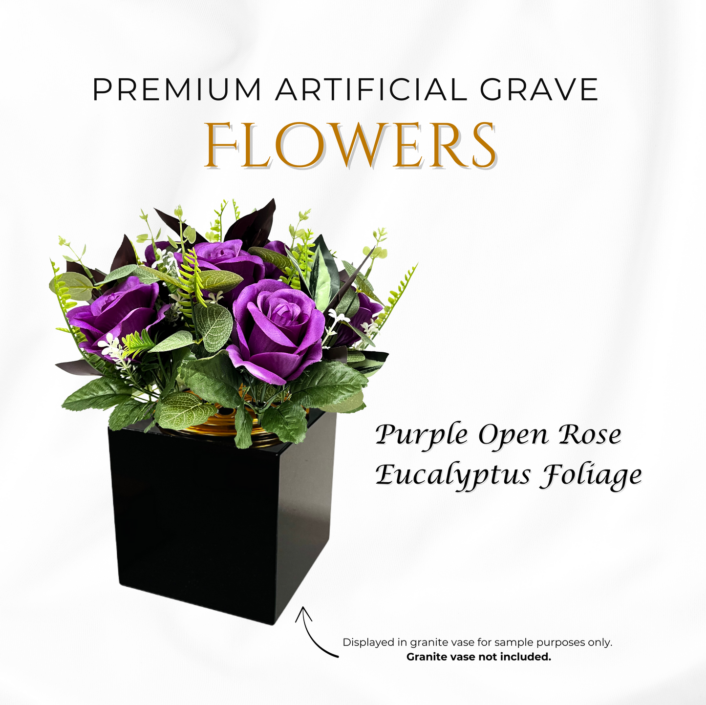 Premium Artificial Grave Flowers – Purple Open Roses with Eucalyptus (25cm) | Memorial Vase Pot