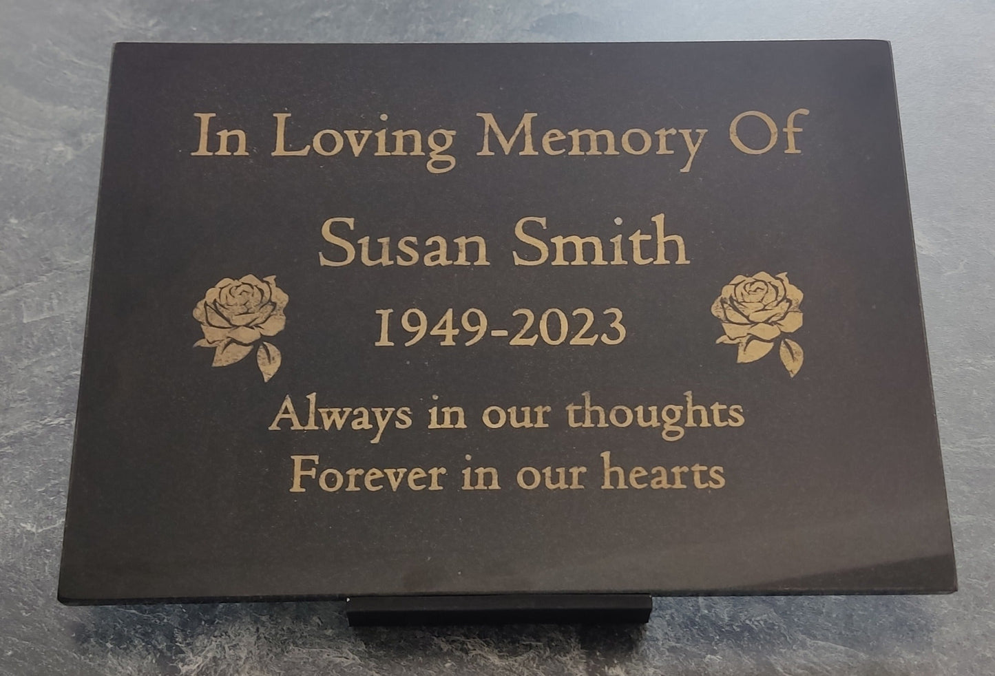 Granite Memorial Plaque, Roses, Personalised, Stand Included