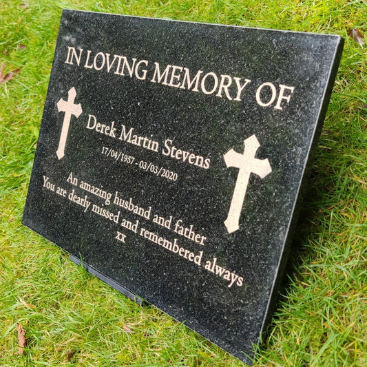 Granite Memorial Plaque, Cross, Personalised, Stand Included