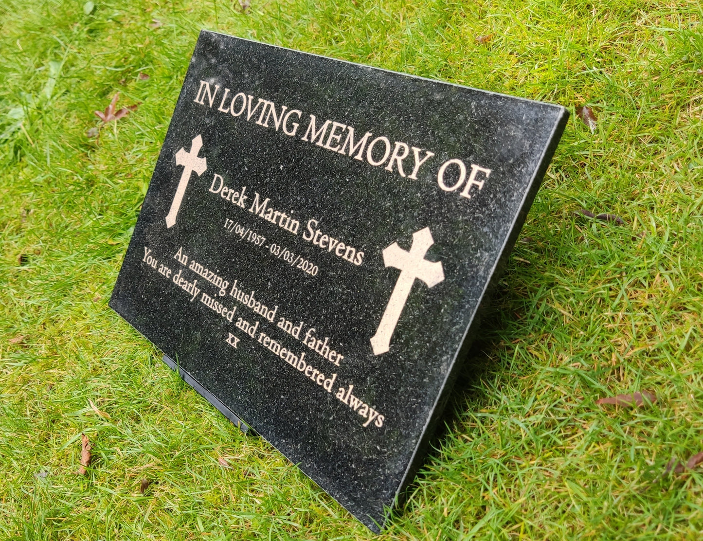 Granite Memorial Plaque, Cross, Personalised, Stand Included