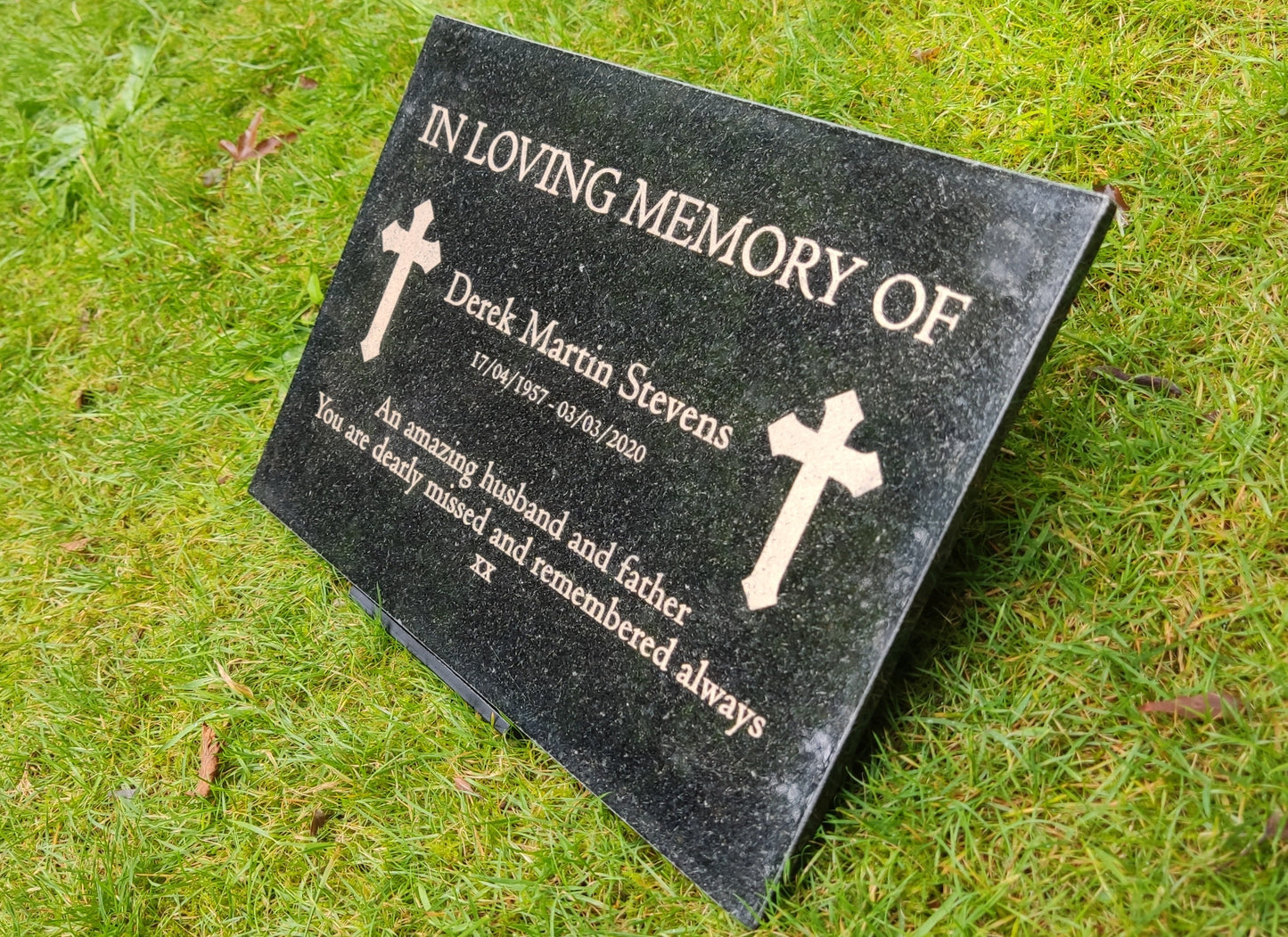 Granite Memorial Plaque, Cross, Personalised, Stand Included