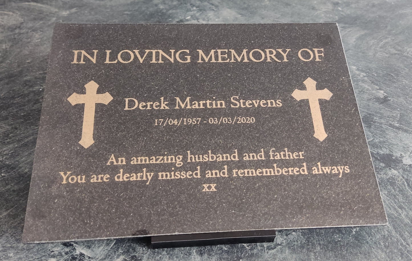 Granite Memorial Plaque, Cross, Personalised, Stand Included