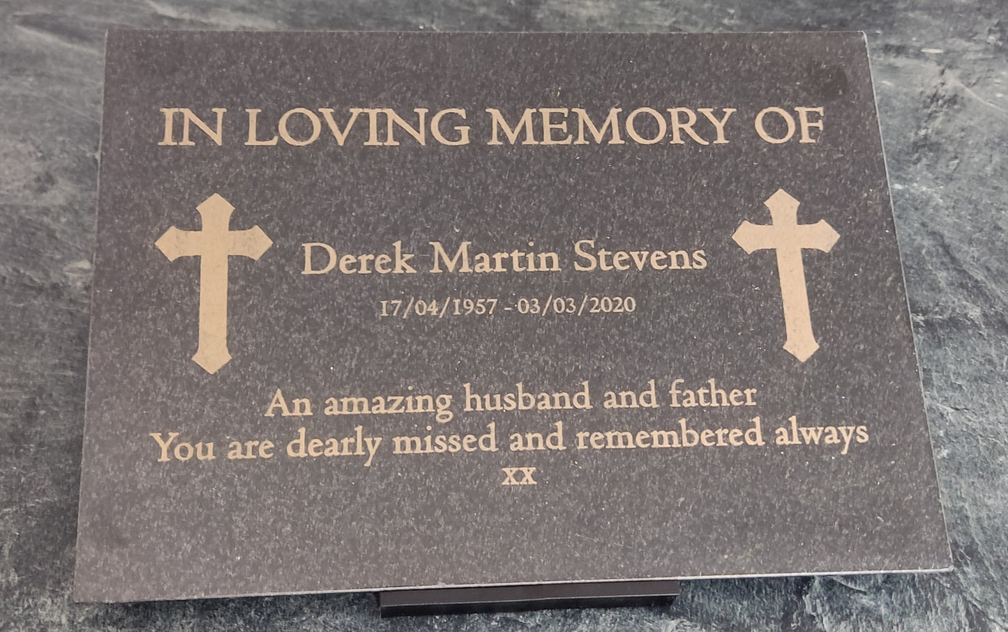 Granite Memorial Plaque, Cross, Personalised, Stand Included