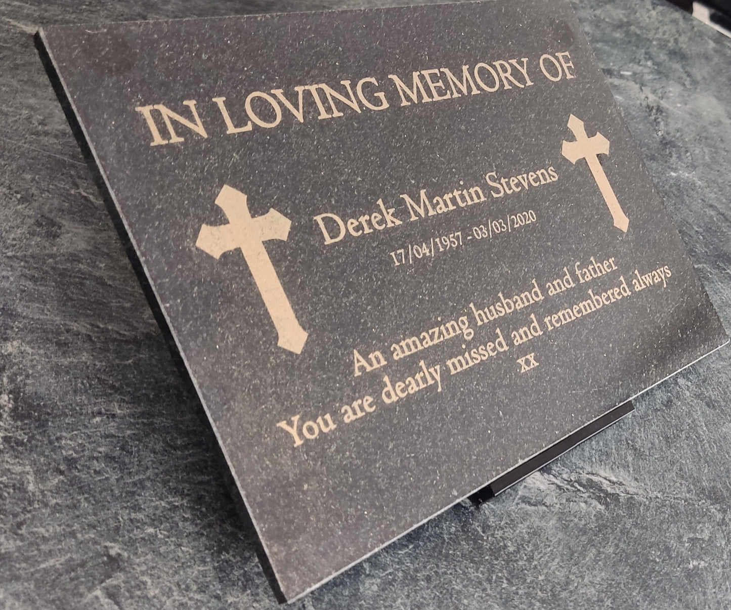 Granite Memorial Plaque, Cross, Personalised, Stand Included