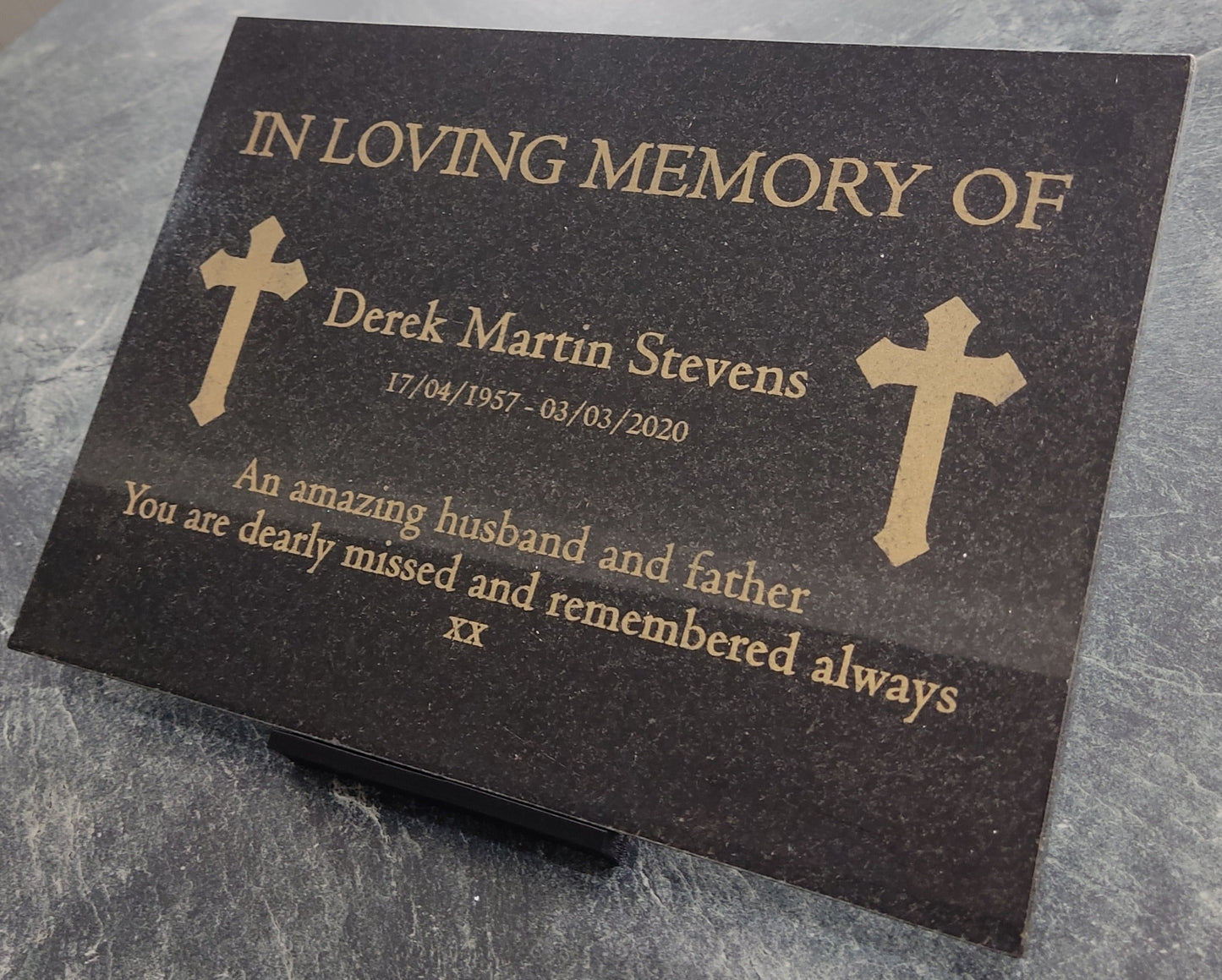 Granite Memorial Plaque, Cross, Personalised, Stand Included
