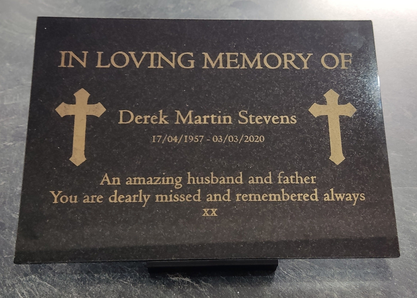 Granite Memorial Plaque, Cross, Personalised, Stand Included