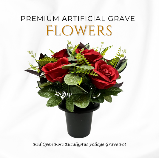 Premium Artificial Grave Flowers – Red Open Roses with Eucalyptus (25cm) | Memorial Vase Pot