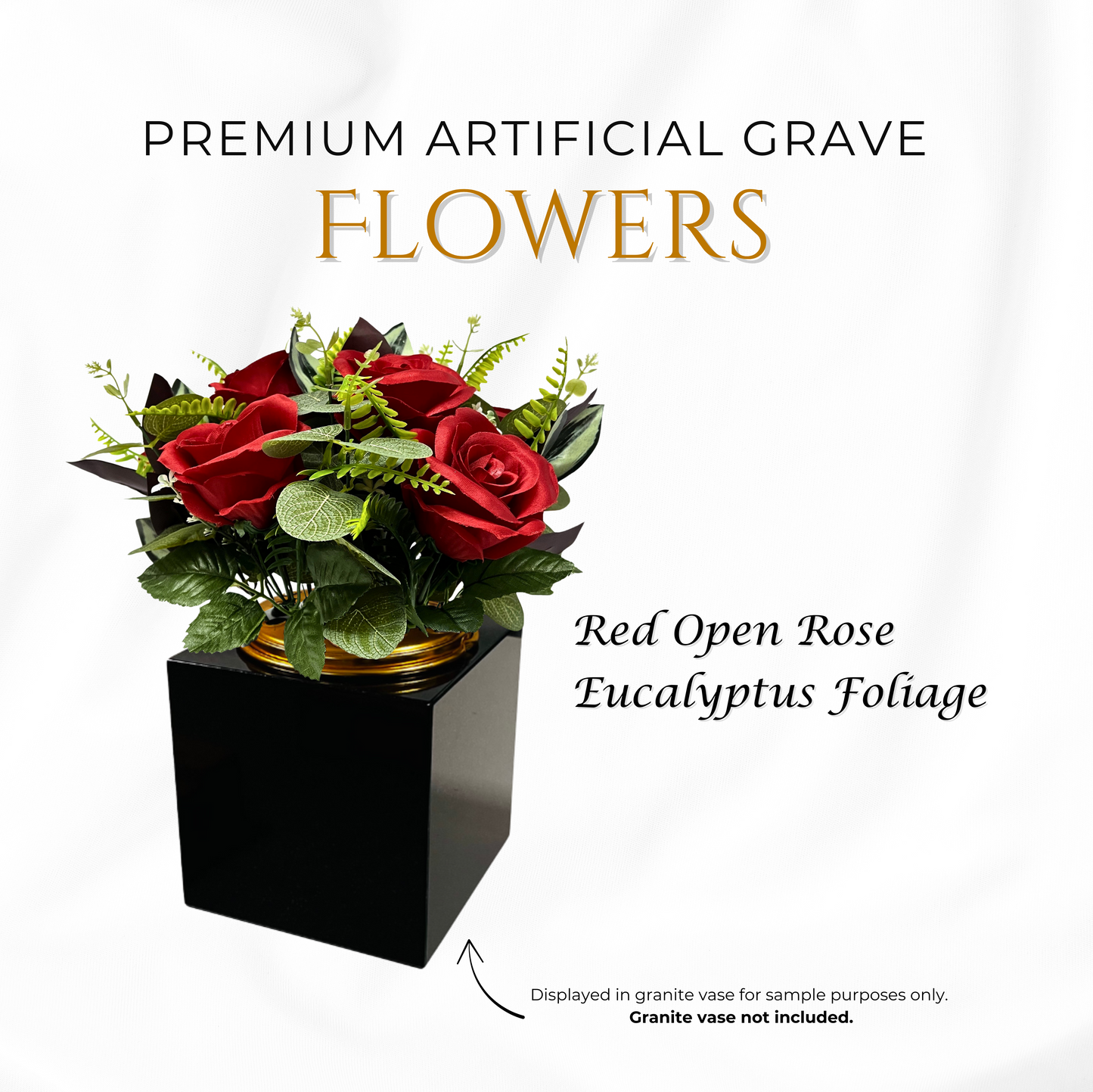 Premium Artificial Grave Flowers – Red Open Roses with Eucalyptus (25cm) | Memorial Vase Pot