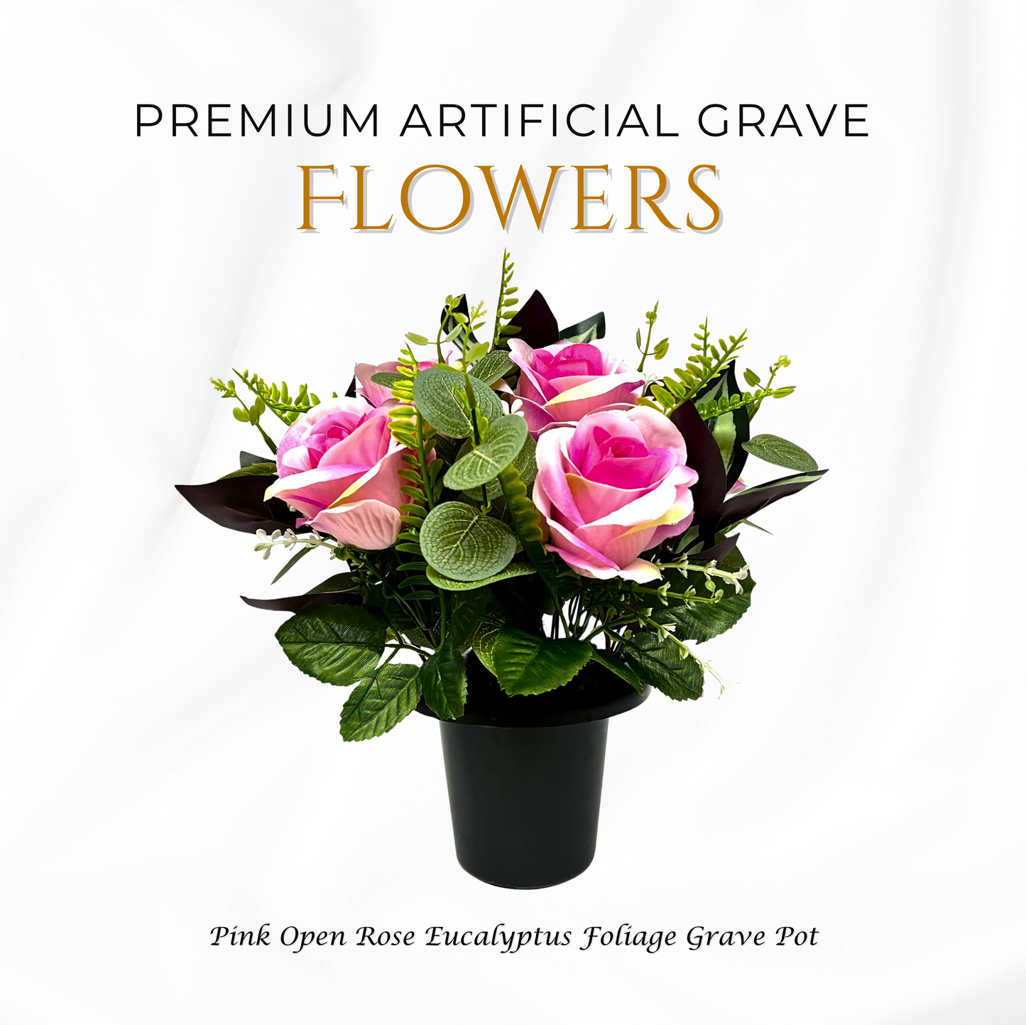 Premium Artificial Grave Flowers – Pink Open Roses with Eucalyptus (25cm) | Memorial Vase Pot