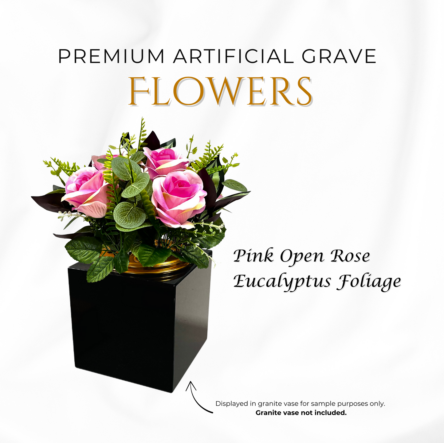 Premium Artificial Grave Flowers – Pink Open Roses with Eucalyptus (25cm) | Memorial Vase Pot