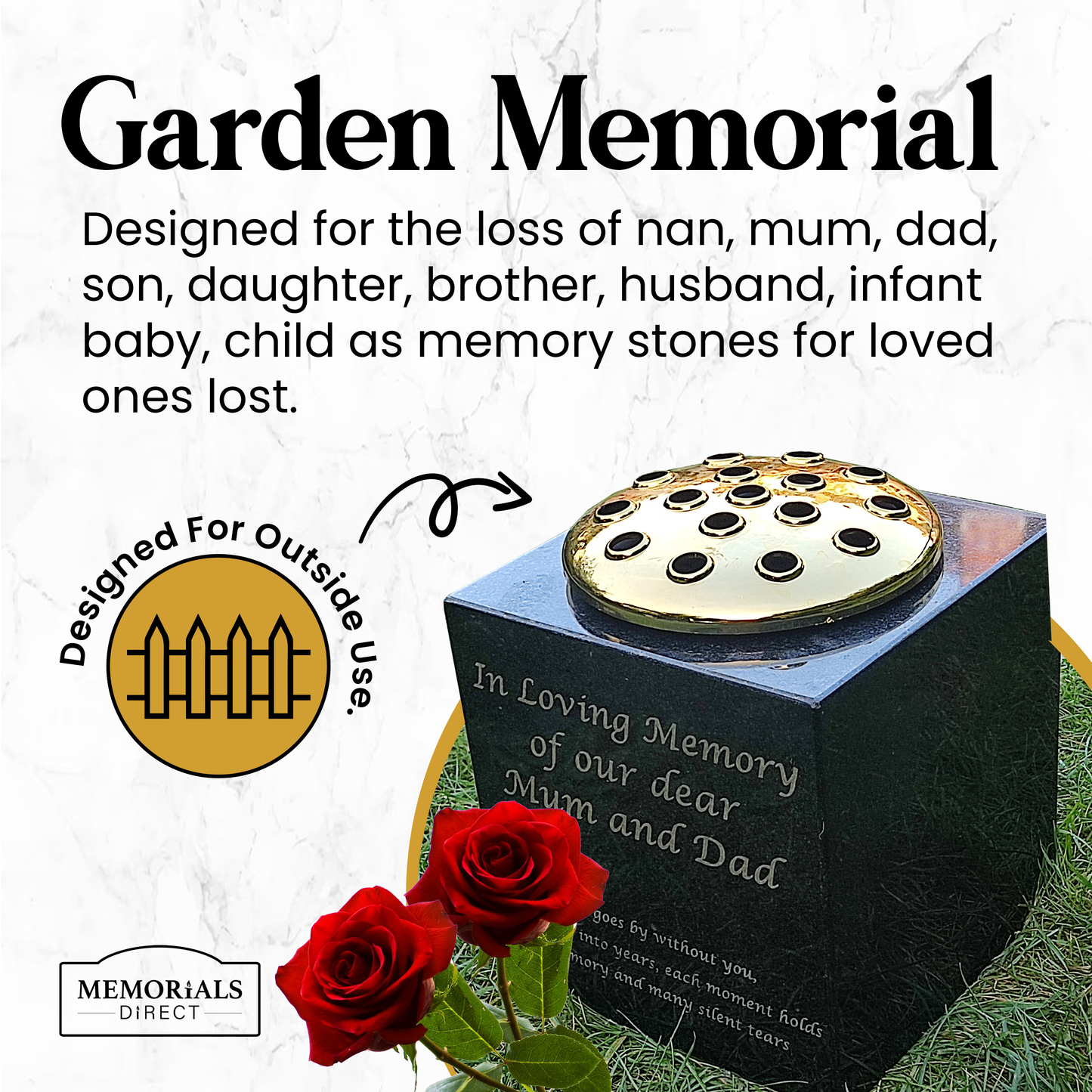 Granite Memorial Vase, Solid Granite, 6x6x6 Inches, 8KG, Includes Flower Pot Insert