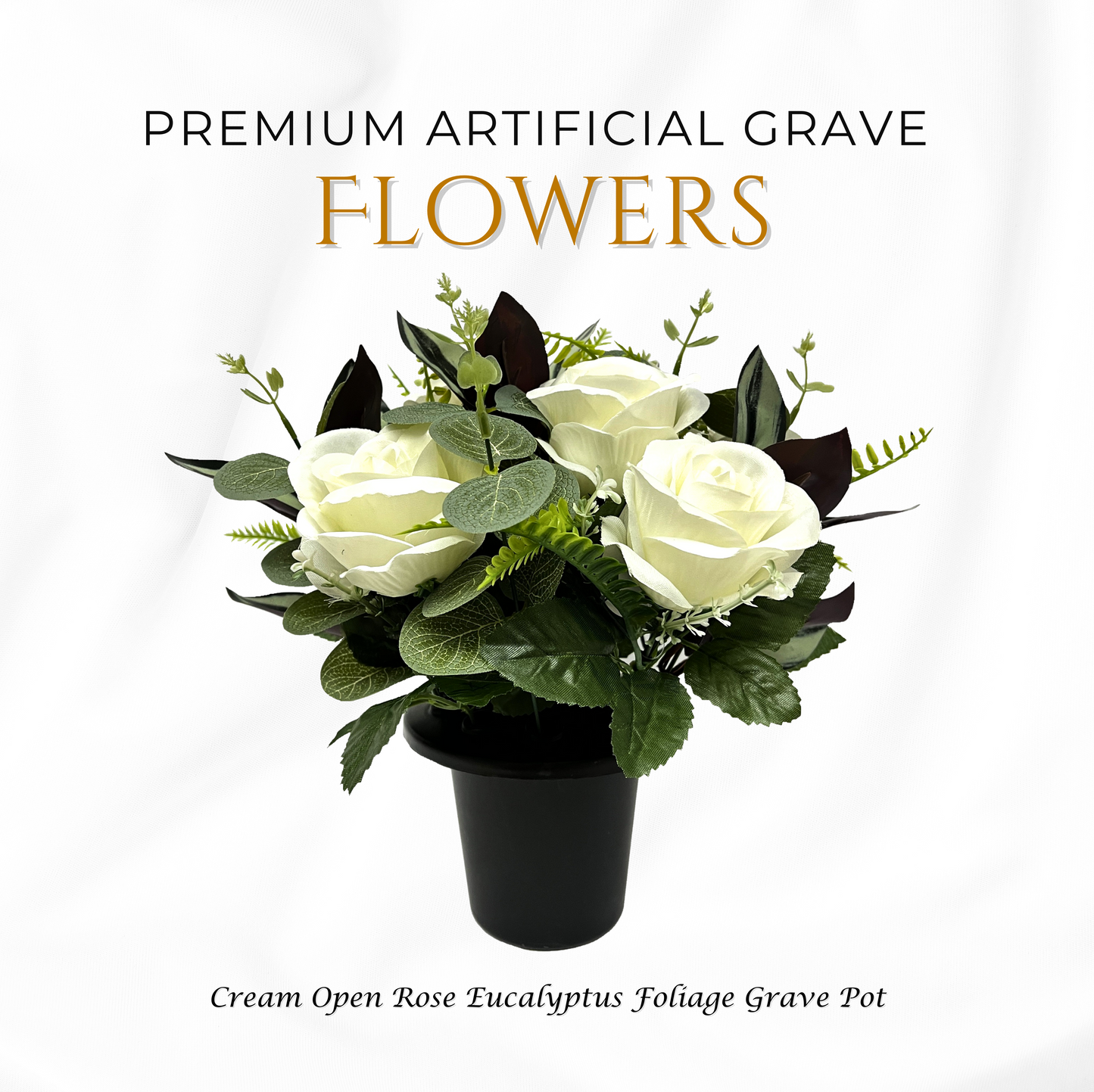 Premium Artificial Grave Flowers – Cream Open Roses with Eucalyptus (25cm) | Memorial Vase Pot